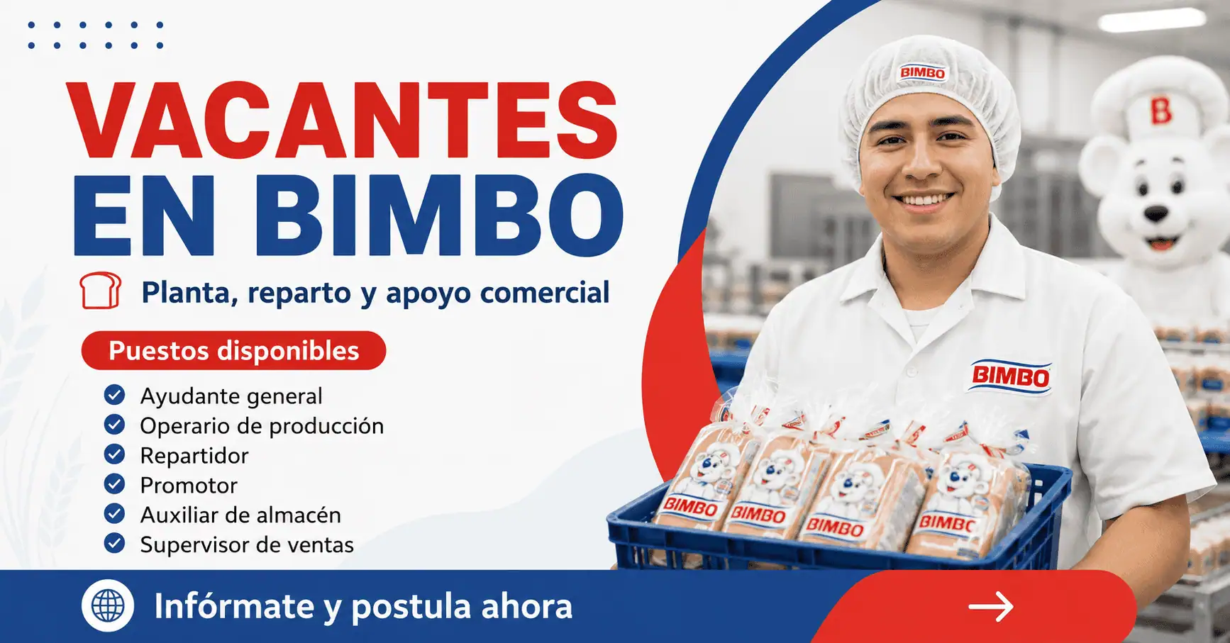 Vacantes en Bimbo: planta, reparto y apoyo comercial